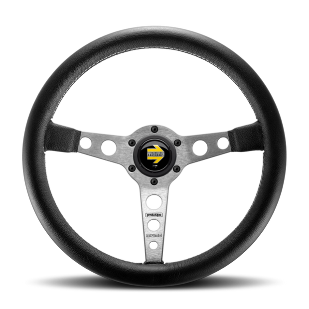 Momo Prototipo Steering Wheel 350 mm - Black Leather/Wht Stitch/Brushed Spokes